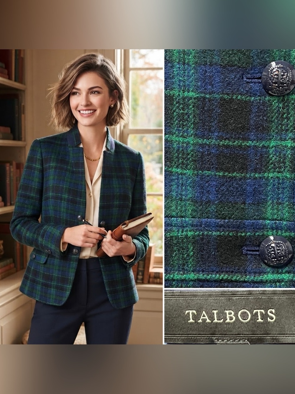 NEW Talbots Women’s 12 Blue Green Plaid Wool Tweed Blazer Jacket